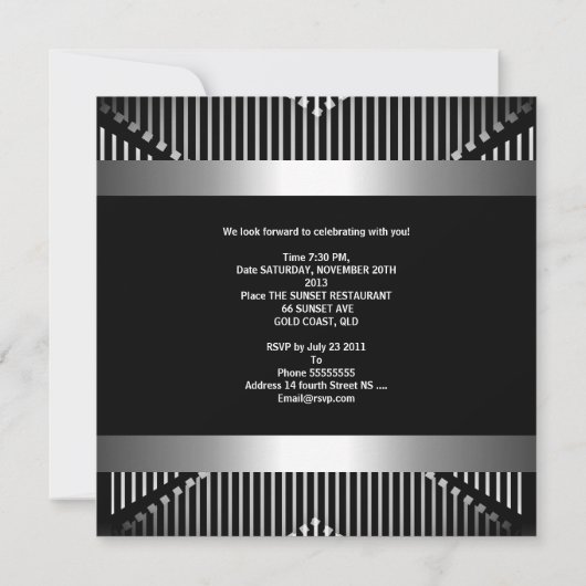 男の21歳の誕生日パーティーシルバーブラックメタル宝石 招待状 (裏面)