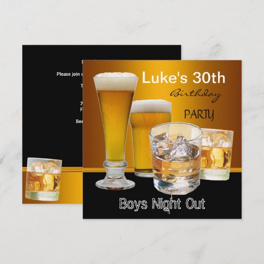 男の30歳誕生日パーティー 飲み会 ビール 男の友達たち 招待状 (正面/裏面)