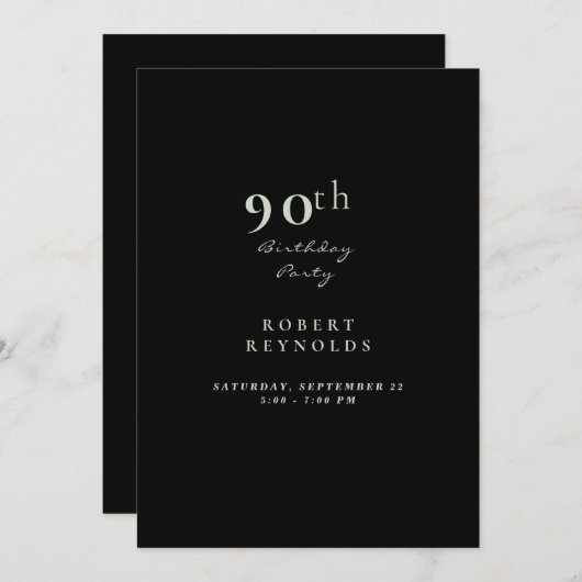 男の90thバースデーパーティーシンプルBlack 招待状 (正面/裏面)