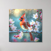 男の(鳥)ショウジョウコウカンチョウと月明かりのさくらんぼの花 キャンバスプリント (正面)
