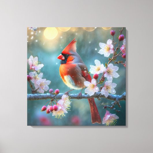 男の（鳥）ショウジョウコウカンチョウと月明かりのさくらんぼの花 キャンバスプリント (正面)