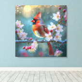 男の(鳥)ショウジョウコウカンチョウと月明かりのさくらんぼの花 キャンバスプリント (インサイチュ (ウッドフロア))