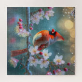 男の（鳥）ショウジョウコウカンチョウと月明かりのさくらんぼの花 ジグソーパズル (横)