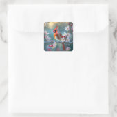 男の（鳥）ショウジョウコウカンチョウと月明かりのさくらんぼの花 スクエアシール (バッグ)