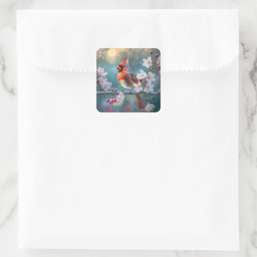 男の(鳥)ショウジョウコウカンチョウと月明かりのさくらんぼの花 スクエアシール (バッグ)
