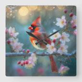 男の（鳥）ショウジョウコウカンチョウと月明かりのさくらんぼの花 スクエア壁時計 (正面)