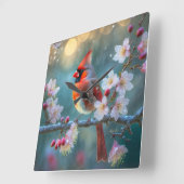 男の（鳥）ショウジョウコウカンチョウと月明かりのさくらんぼの花 スクエア壁時計 (傾斜)