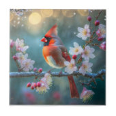 男の(鳥)ショウジョウコウカンチョウと月明かりのさくらんぼの花 タイル (正面)