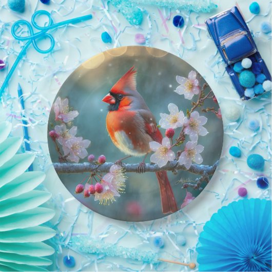 男の（鳥）ショウジョウコウカンチョウと月明かりのさくらんぼの花 ペーパープレート (パーティー)