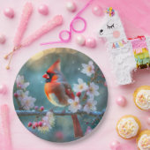 男の（鳥）ショウジョウコウカンチョウと月明かりのさくらんぼの花 ペーパープレート (パーティー)