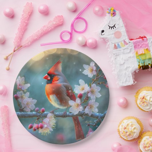 男の(鳥)ショウジョウコウカンチョウと月明かりのさくらんぼの花 ペーパープレート (パーティー)