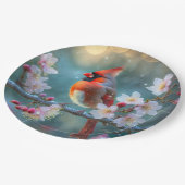 男の（鳥）ショウジョウコウカンチョウと月明かりのさくらんぼの花 ペーパープレート (アングル)