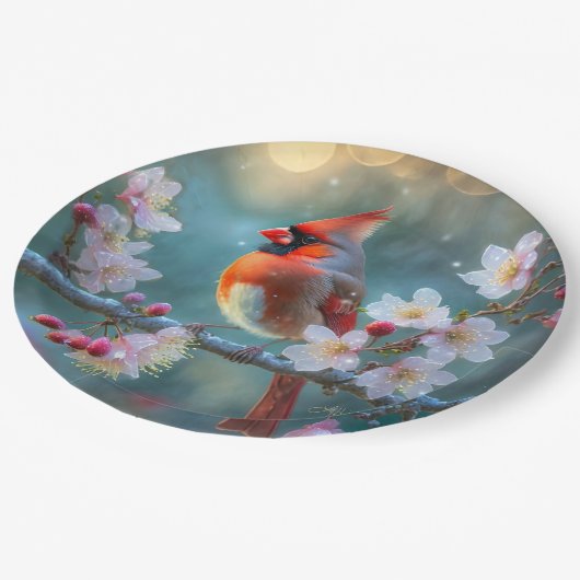 男の（鳥）ショウジョウコウカンチョウと月明かりのさくらんぼの花 ペーパープレート (アングル)