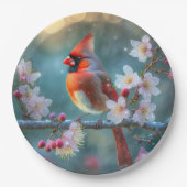 男の（鳥）ショウジョウコウカンチョウと月明かりのさくらんぼの花 ペーパープレート (正面)