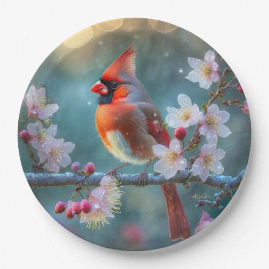 男の（鳥）ショウジョウコウカンチョウと月明かりのさくらんぼの花 ペーパープレート (正面)
