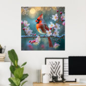 男の（鳥）ショウジョウコウカンチョウと月明かりのさくらんぼの花 ポスター (ホームオフィス)