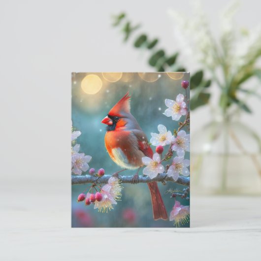 男の(鳥)ショウジョウコウカンチョウと月明かりのさくらんぼの花 ポストカード (スタンド正面)