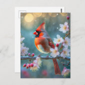 男の(鳥)ショウジョウコウカンチョウと月明かりのさくらんぼの花 ポストカード (正面/裏面)