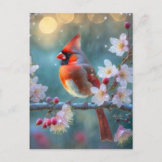 男の（鳥）ショウジョウコウカンチョウと月明かりのさくらんぼの花 ポストカード (正面)