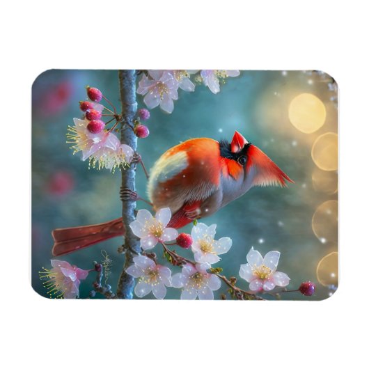 男の（鳥）ショウジョウコウカンチョウと月明かりのさくらんぼの花 マグネット (横)