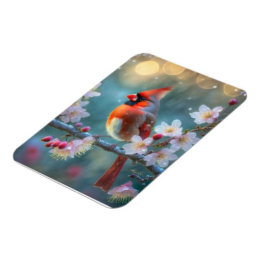 男の(鳥)ショウジョウコウカンチョウと月明かりのさくらんぼの花 マグネット (左側)