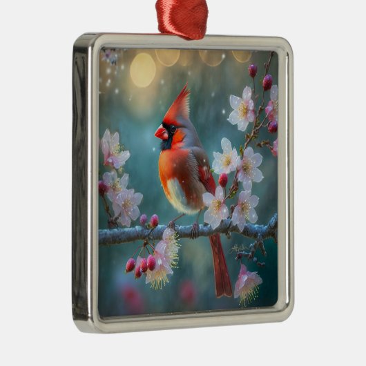 男の(鳥)ショウジョウコウカンチョウと月明かりのさくらんぼの花 メタルオーナメント (右)