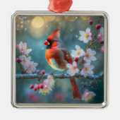 男の（鳥）ショウジョウコウカンチョウと月明かりのさくらんぼの花 メタルオーナメント (正面)