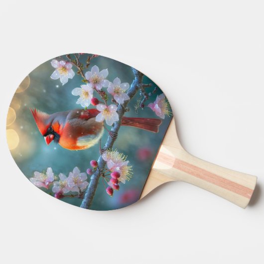 男の（鳥）ショウジョウコウカンチョウと月明かりのさくらんぼの花 卓球ラケット (横)