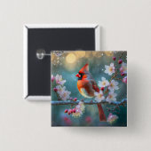 男の(鳥)ショウジョウコウカンチョウと月明かりのさくらんぼの花 缶バッジ (正面&裏面)
