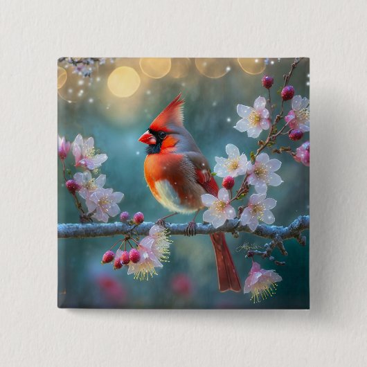 男の(鳥)ショウジョウコウカンチョウと月明かりのさくらんぼの花 缶バッジ (正面)