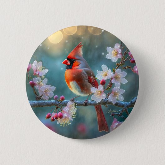 男の(鳥)ショウジョウコウカンチョウと月明かりのさくらんぼの花 缶バッジ (正面)