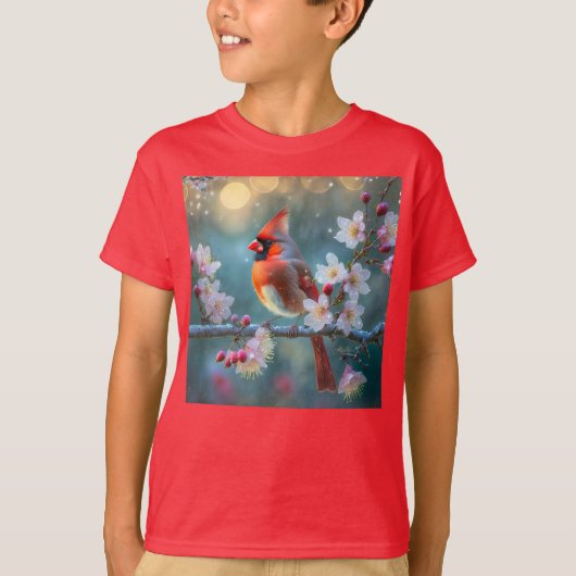 男の（鳥）ショウジョウコウカンチョウと月明かりのさくらんぼの花 Tシャツ (正面)