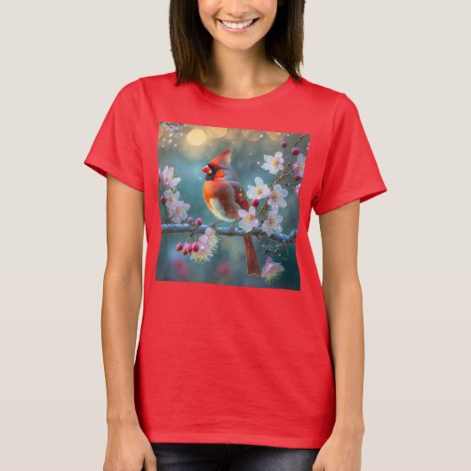 男の(鳥)ショウジョウコウカンチョウと月明かりのさくらんぼの花 Tシャツ (正面)