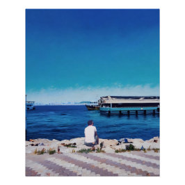 男は船で穏やかな港を望む ポスター