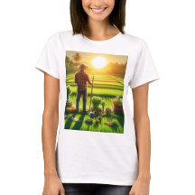 男は野菜と太陽の畑に立つ