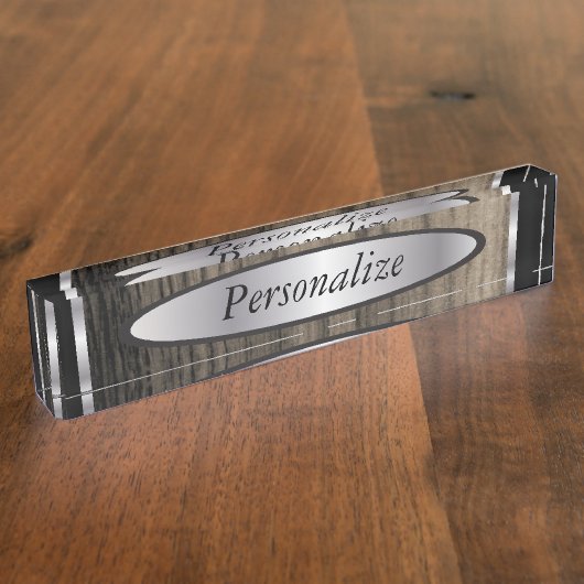 男らしいスタイルを作られた銀および木 デスクネームプレート (側面)