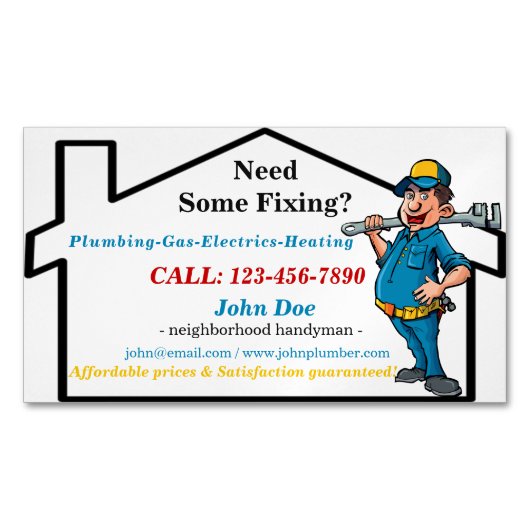 男らしい労働者アイコン近隣の便利屋 マグネット名刺 (正面)