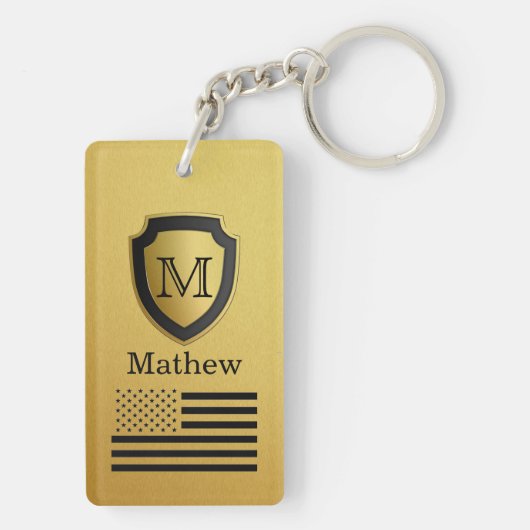 男らしい黒い金ゴールドの盾米国の旗のモノグラムの名前 キーホルダー (裏面)