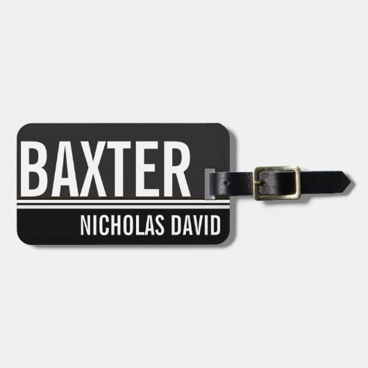 男らしく黒くシンプルでカスタムな荷物のラベル ラゲッジタグ (正面横)