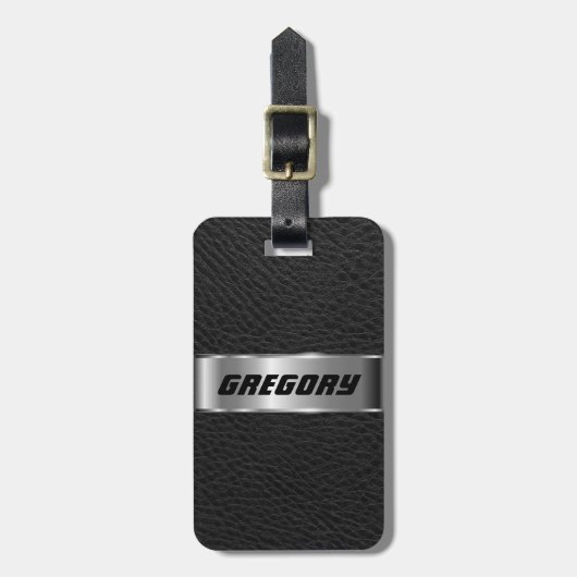 男らしブラックフェイクレザー&シルバールック3 ラゲッジタグ (正面縦)