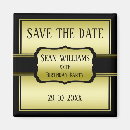 男エレガントの金ゴールドと黒の誕生日日付を保存 マグネット (正面)