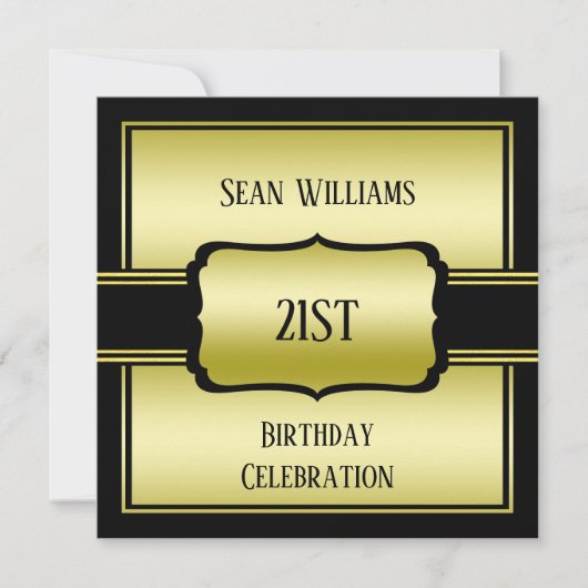男エレガントの金ゴールド&ブラック21歳の誕生日 招待状 (正面)