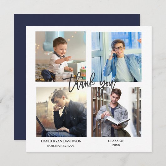 男エレガント卒業写真コラージュありがとう 案内状 (正面/裏面)
