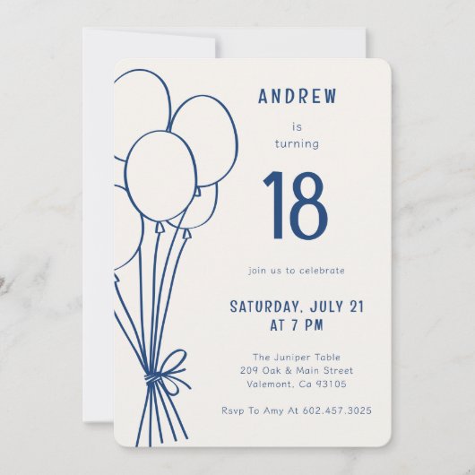 男カジュアル子メンズ誕生日バルーンエイジングブルー 招待状 (正面)