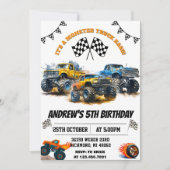 男カスタムの子のためのモンスタートラックカーバースデーパーティー 招待状 (正面)