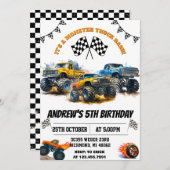 男カスタムの子のためのモンスタートラックカーバースデーパーティー 招待状 (正面/裏面)