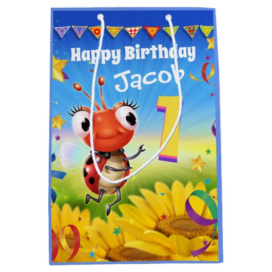 男カスタムの子の1歳の誕生日の抱き枕- Ladybug ミディアムペーパーバッグ (正面)