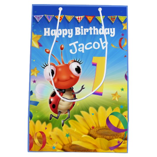 男カスタムの子の1歳の誕生日の抱き枕- Ladybug ミディアムペーパーバッグ (裏面)