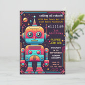 男クールの子かわいおもしろいおもちゃロボット第1誕生日 招待状 (スタンド正面)