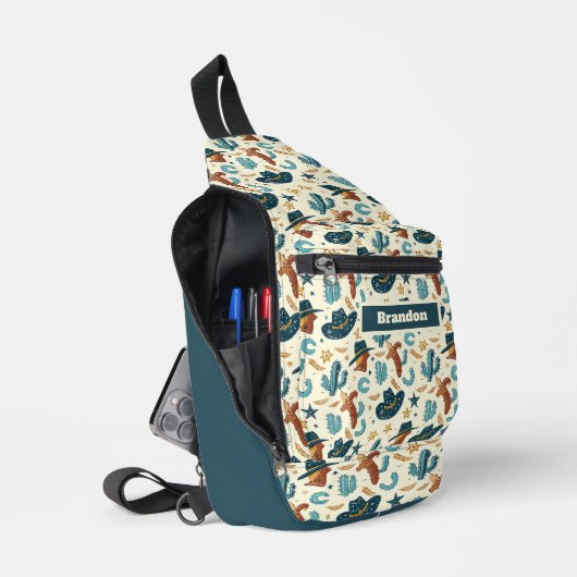 男クールの子カウボーイ愛好家の名前を追加 スリングバッグ (見開き)